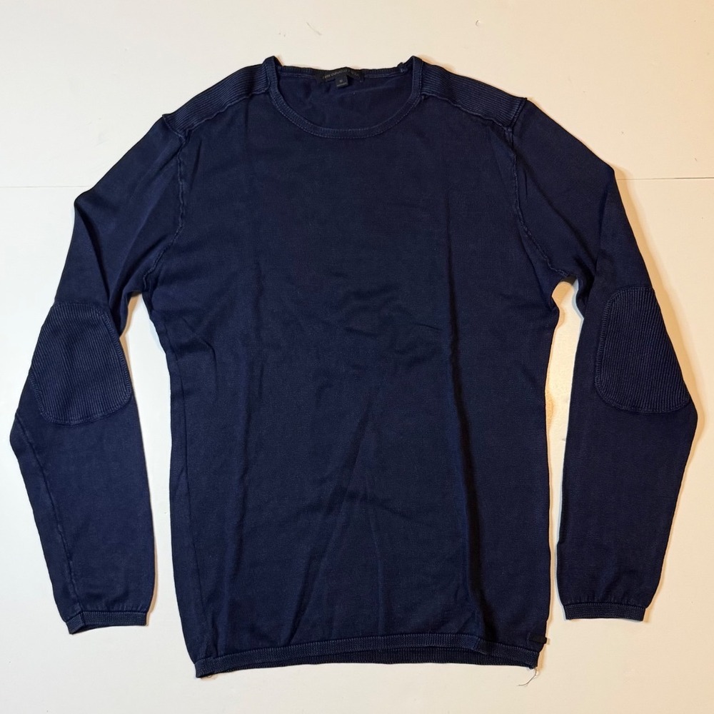 John Varvatos Sweater Mens Medium Navy Blue Ribbed Elbow Patch Crew Neck